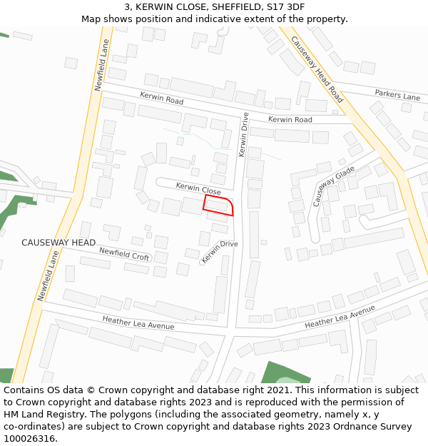 3, KERWIN CLOSE, SHEFFIELD, S17 3DF: Location map and indicative extent of plot