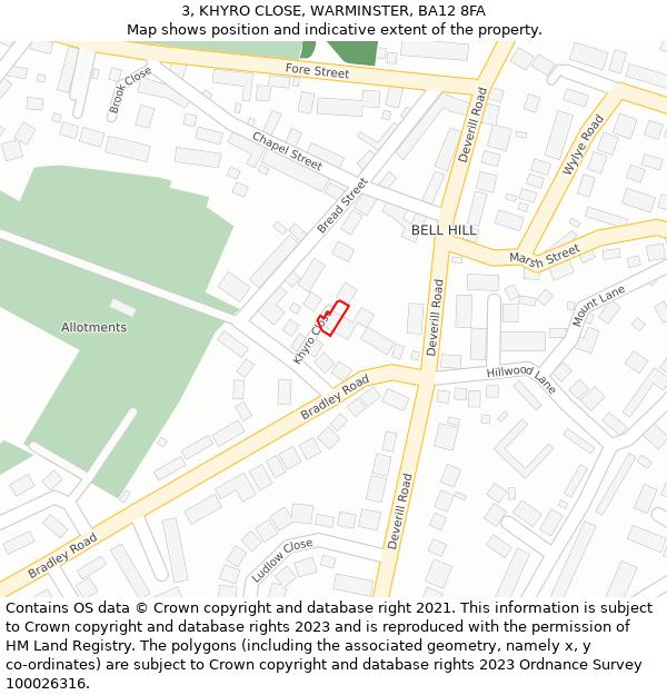 3, KHYRO CLOSE, WARMINSTER, BA12 8FA: Location map and indicative extent of plot