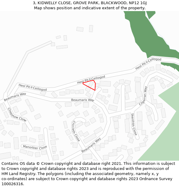 3, KIDWELLY CLOSE, GROVE PARK, BLACKWOOD, NP12 1GJ: Location map and indicative extent of plot