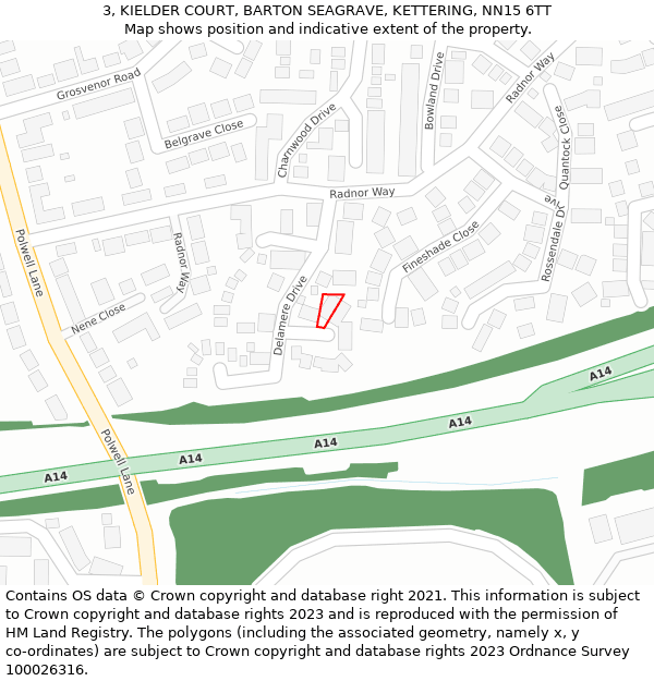 3, KIELDER COURT, BARTON SEAGRAVE, KETTERING, NN15 6TT: Location map and indicative extent of plot