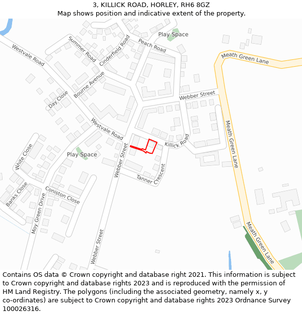 3, KILLICK ROAD, HORLEY, RH6 8GZ: Location map and indicative extent of plot