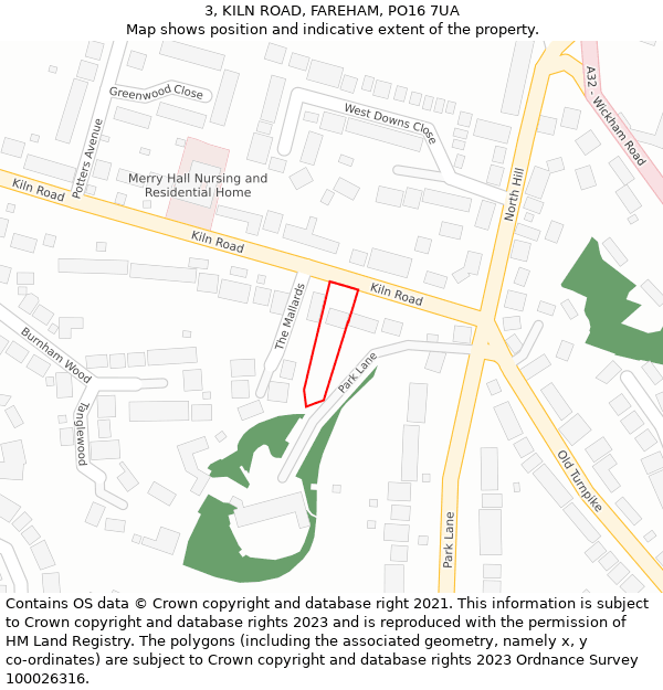 3, KILN ROAD, FAREHAM, PO16 7UA: Location map and indicative extent of plot