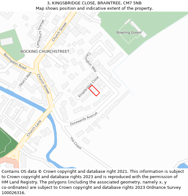 3, KINGSBRIDGE CLOSE, BRAINTREE, CM7 5NB: Location map and indicative extent of plot