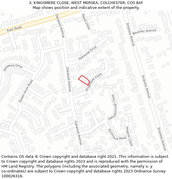 3, KINGSMERE CLOSE, WEST MERSEA, COLCHESTER, CO5 8AF: Location map and indicative extent of plot