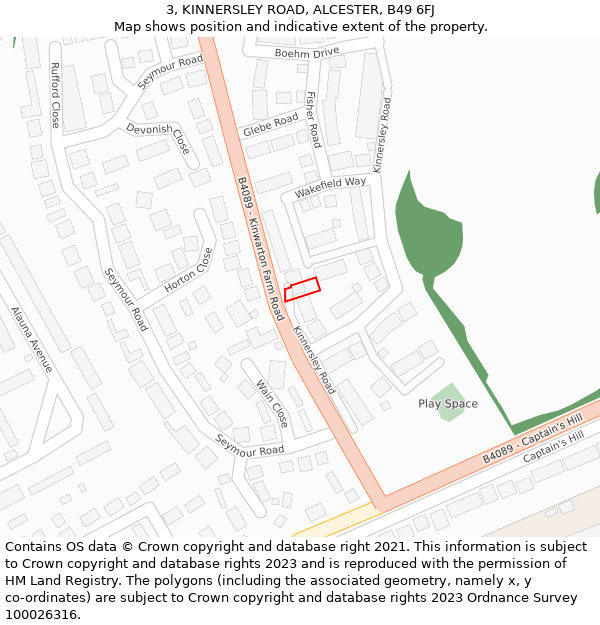 3, KINNERSLEY ROAD, ALCESTER, B49 6FJ: Location map and indicative extent of plot