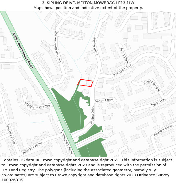 3, KIPLING DRIVE, MELTON MOWBRAY, LE13 1LW: Location map and indicative extent of plot