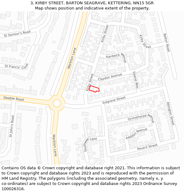 3, KIRBY STREET, BARTON SEAGRAVE, KETTERING, NN15 5GR: Location map and indicative extent of plot