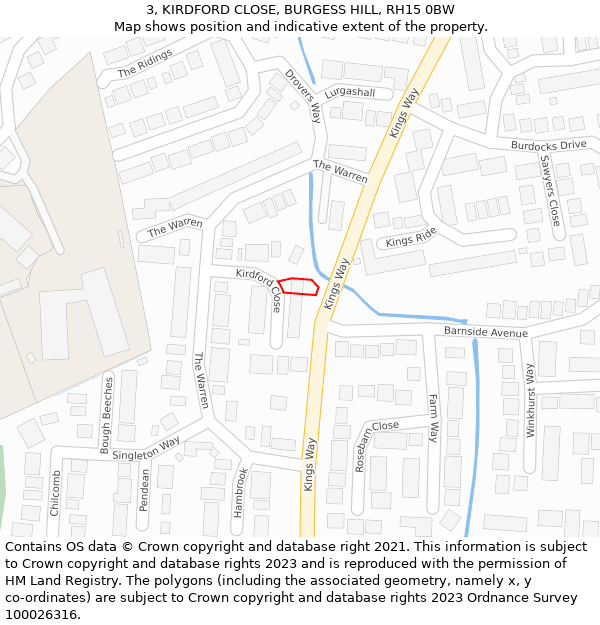 3, KIRDFORD CLOSE, BURGESS HILL, RH15 0BW: Location map and indicative extent of plot