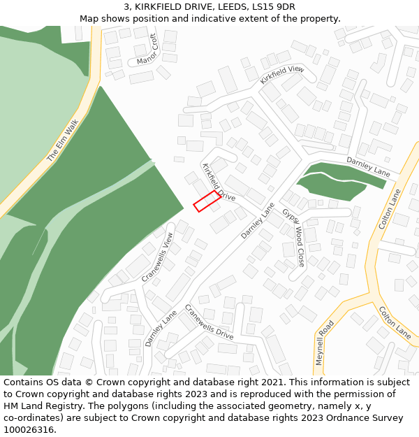 3, KIRKFIELD DRIVE, LEEDS, LS15 9DR: Location map and indicative extent of plot