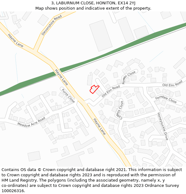 3, LABURNUM CLOSE, HONITON, EX14 2YJ: Location map and indicative extent of plot