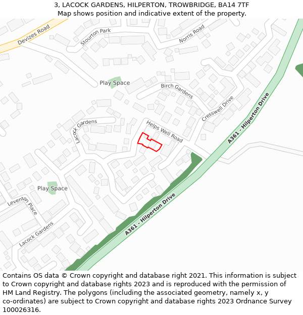 3, LACOCK GARDENS, HILPERTON, TROWBRIDGE, BA14 7TF: Location map and indicative extent of plot