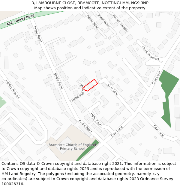 3, LAMBOURNE CLOSE, BRAMCOTE, NOTTINGHAM, NG9 3NP: Location map and indicative extent of plot