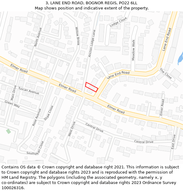 3, LANE END ROAD, BOGNOR REGIS, PO22 6LL: Location map and indicative extent of plot