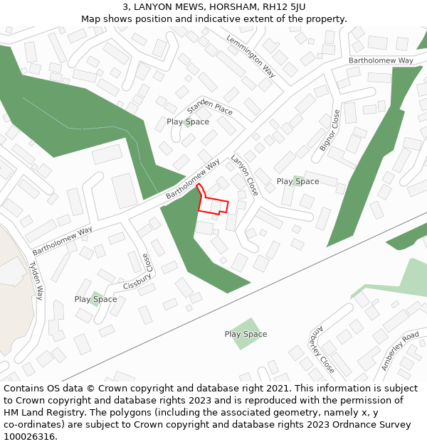 3, LANYON MEWS, HORSHAM, RH12 5JU: Location map and indicative extent of plot