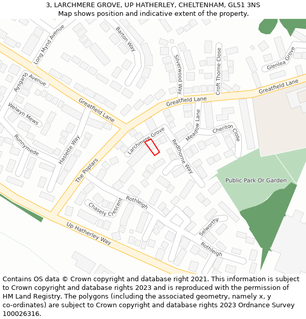 3, LARCHMERE GROVE, UP HATHERLEY, CHELTENHAM, GL51 3NS: Location map and indicative extent of plot