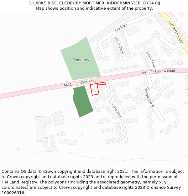 3, LARKS RISE, CLEOBURY MORTIMER, KIDDERMINSTER, DY14 8JJ: Location map and indicative extent of plot