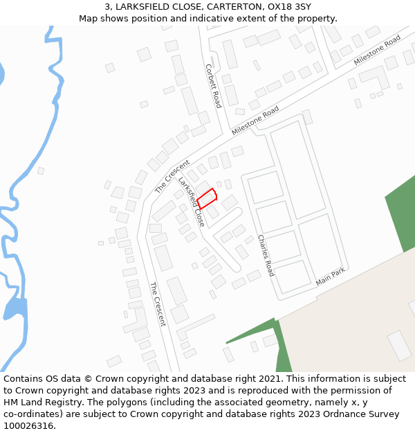 3, LARKSFIELD CLOSE, CARTERTON, OX18 3SY: Location map and indicative extent of plot