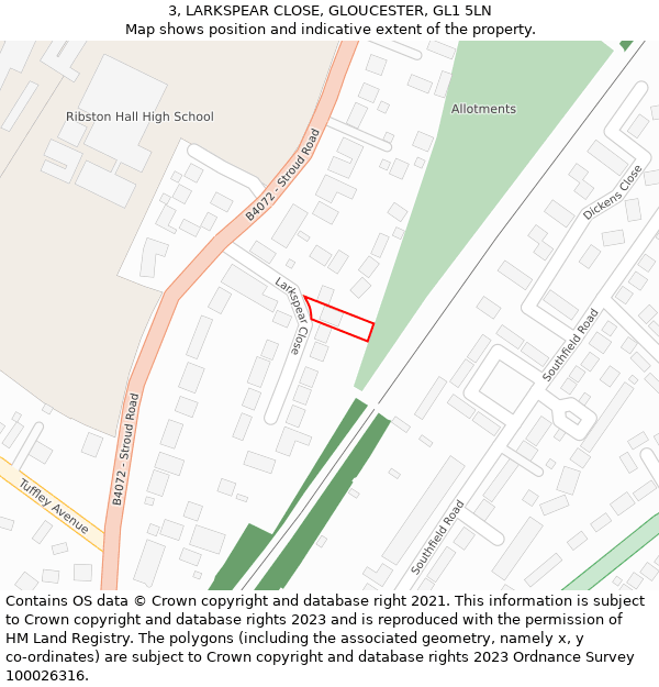 3, LARKSPEAR CLOSE, GLOUCESTER, GL1 5LN: Location map and indicative extent of plot