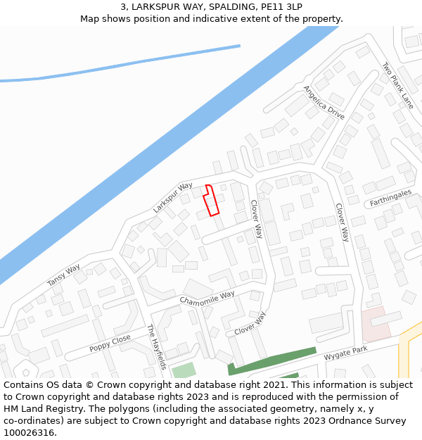 3, LARKSPUR WAY, SPALDING, PE11 3LP: Location map and indicative extent of plot