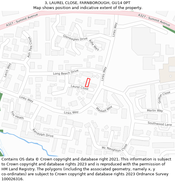 3, LAUREL CLOSE, FARNBOROUGH, GU14 0PT: Location map and indicative extent of plot