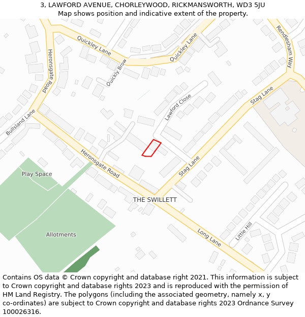 3, LAWFORD AVENUE, CHORLEYWOOD, RICKMANSWORTH, WD3 5JU: Location map and indicative extent of plot