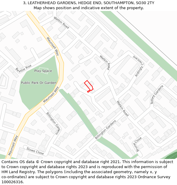 3, LEATHERHEAD GARDENS, HEDGE END, SOUTHAMPTON, SO30 2TY: Location map and indicative extent of plot