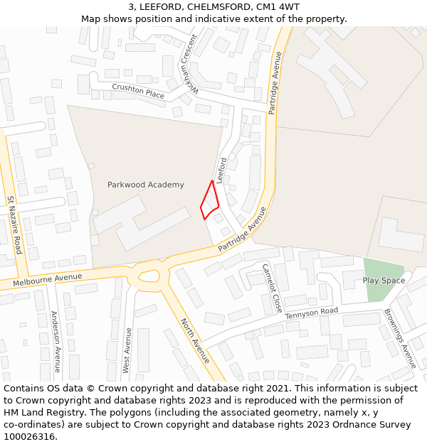 3, LEEFORD, CHELMSFORD, CM1 4WT: Location map and indicative extent of plot