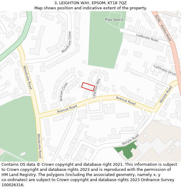 3, LEIGHTON WAY, EPSOM, KT18 7QZ: Location map and indicative extent of plot