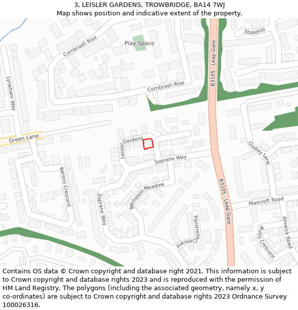 3, LEISLER GARDENS, TROWBRIDGE, BA14 7WJ: Location map and indicative extent of plot