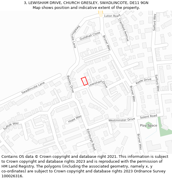 3, LEWISHAM DRIVE, CHURCH GRESLEY, SWADLINCOTE, DE11 9GN: Location map and indicative extent of plot