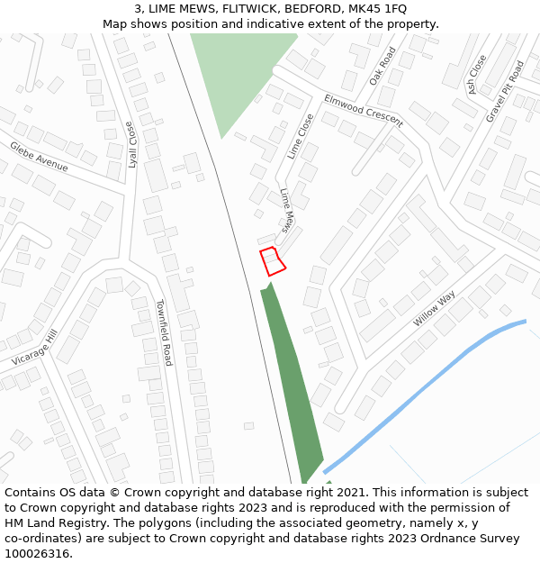 3, LIME MEWS, FLITWICK, BEDFORD, MK45 1FQ: Location map and indicative extent of plot