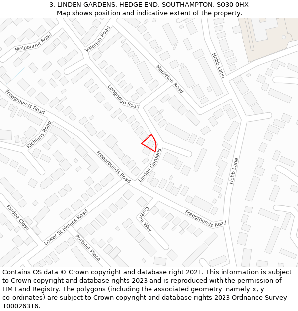 3, LINDEN GARDENS, HEDGE END, SOUTHAMPTON, SO30 0HX: Location map and indicative extent of plot