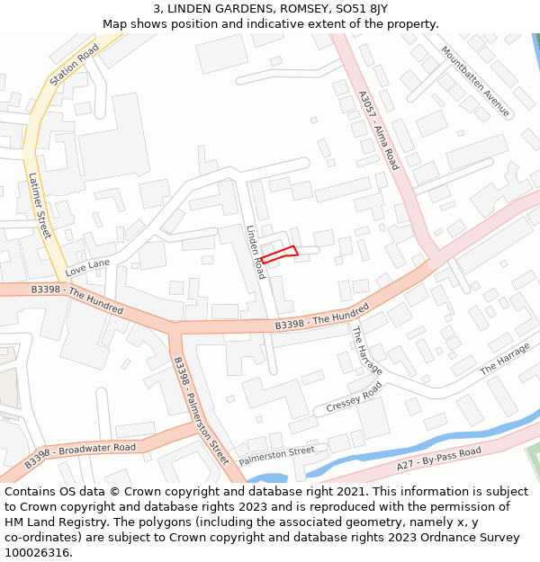 3, LINDEN GARDENS, ROMSEY, SO51 8JY: Location map and indicative extent of plot