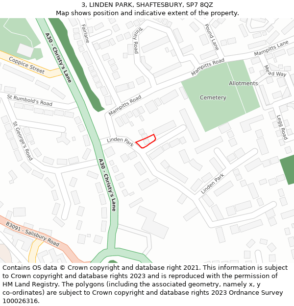 3, LINDEN PARK, SHAFTESBURY, SP7 8QZ: Location map and indicative extent of plot