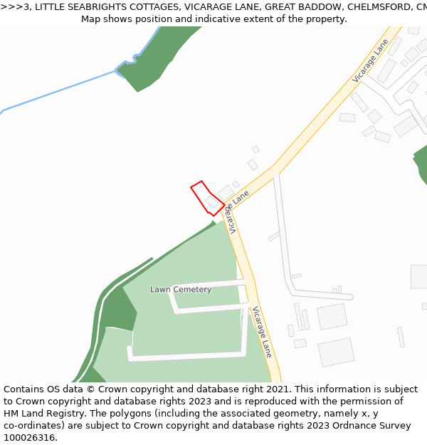 3, LITTLE SEABRIGHTS COTTAGES, VICARAGE LANE, GREAT BADDOW, CHELMSFORD, CM2 7SU: Location map and indicative extent of plot