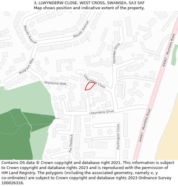 3, LLWYNDERW CLOSE, WEST CROSS, SWANSEA, SA3 5AF: Location map and indicative extent of plot