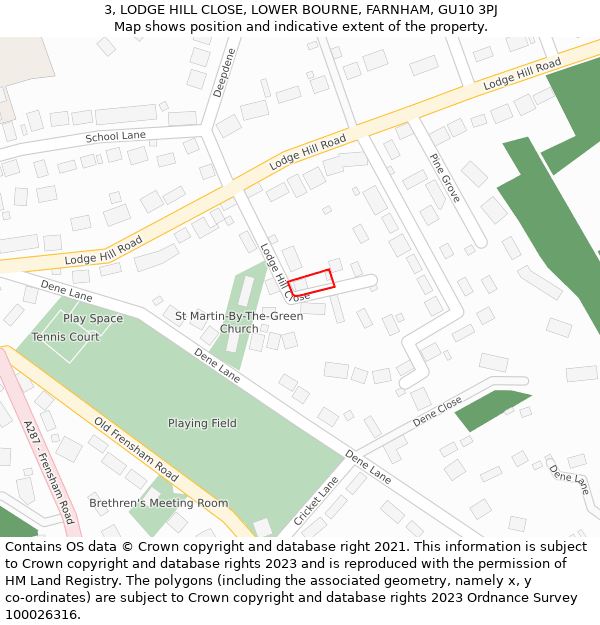 3, LODGE HILL CLOSE, LOWER BOURNE, FARNHAM, GU10 3PJ: Location map and indicative extent of plot
