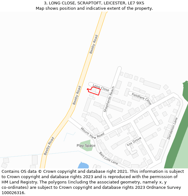 3, LONG CLOSE, SCRAPTOFT, LEICESTER, LE7 9XS: Location map and indicative extent of plot
