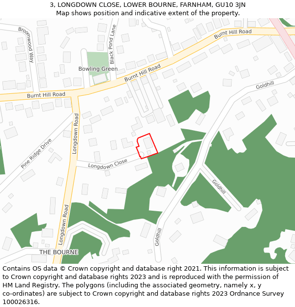 3, LONGDOWN CLOSE, LOWER BOURNE, FARNHAM, GU10 3JN: Location map and indicative extent of plot