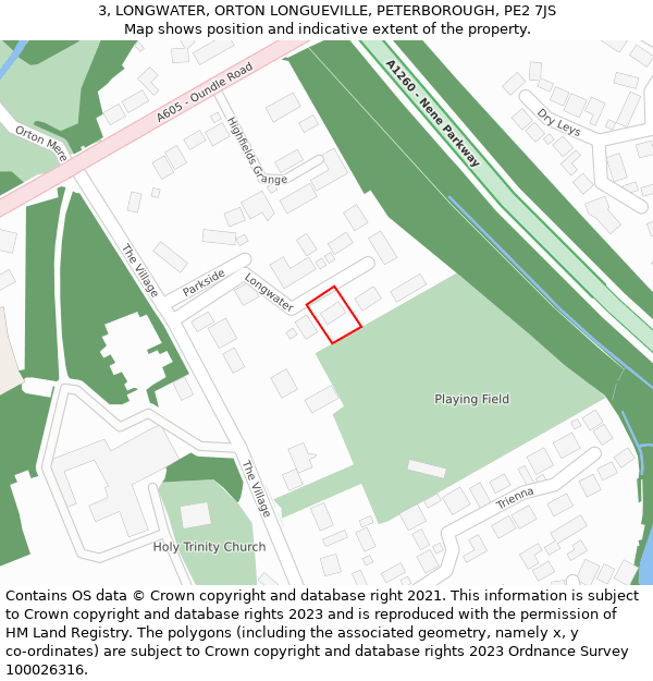 3, LONGWATER, ORTON LONGUEVILLE, PETERBOROUGH, PE2 7JS: Location map and indicative extent of plot
