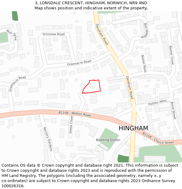 3, LONSDALE CRESCENT, HINGHAM, NORWICH, NR9 4ND: Location map and indicative extent of plot