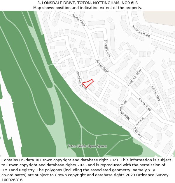 3, LONSDALE DRIVE, TOTON, NOTTINGHAM, NG9 6LS: Location map and indicative extent of plot