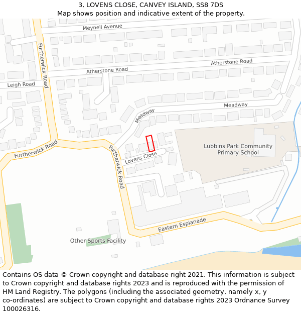 3, LOVENS CLOSE, CANVEY ISLAND, SS8 7DS: Location map and indicative extent of plot