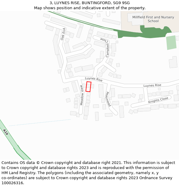 3, LUYNES RISE, BUNTINGFORD, SG9 9SG: Location map and indicative extent of plot