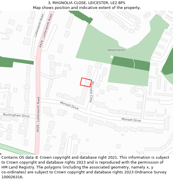 3, MAGNOLIA CLOSE, LEICESTER, LE2 8PS: Location map and indicative extent of plot