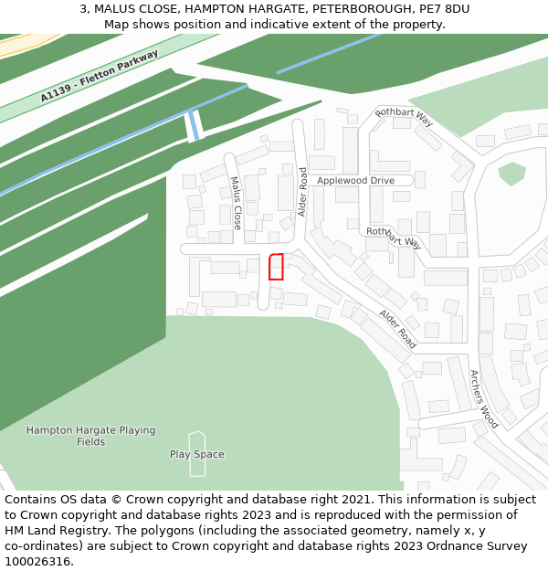 3, MALUS CLOSE, HAMPTON HARGATE, PETERBOROUGH, PE7 8DU: Location map and indicative extent of plot