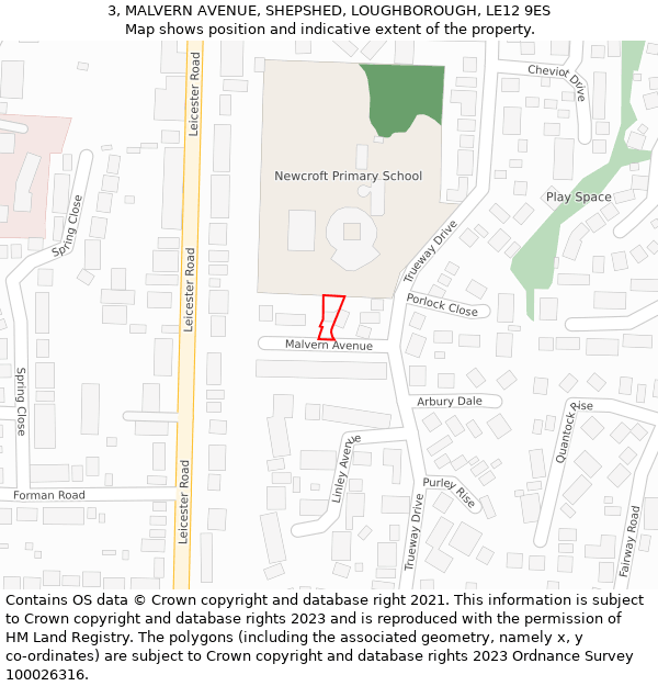 3, MALVERN AVENUE, SHEPSHED, LOUGHBOROUGH, LE12 9ES: Location map and indicative extent of plot