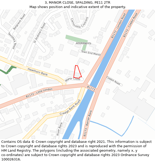 3, MANOR CLOSE, SPALDING, PE11 2TR: Location map and indicative extent of plot