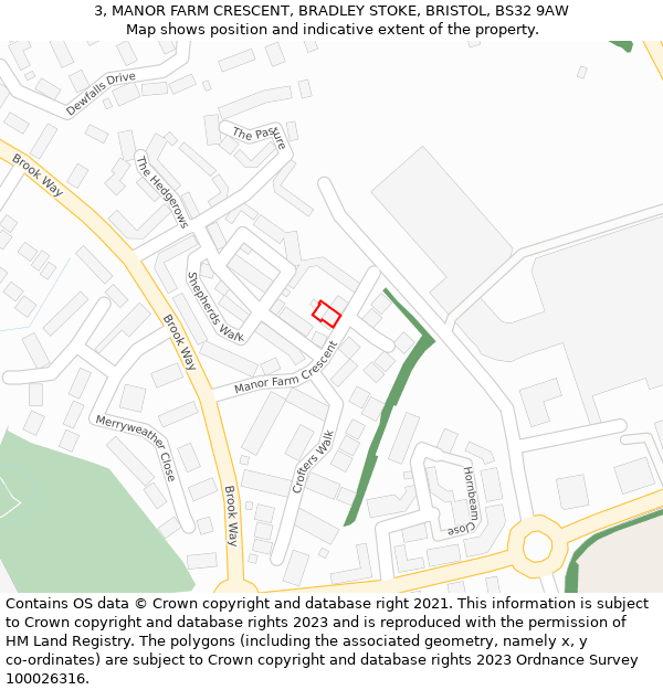 3, MANOR FARM CRESCENT, BRADLEY STOKE, BRISTOL, BS32 9AW: Location map and indicative extent of plot