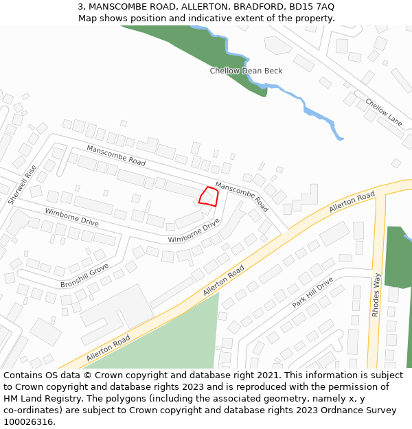 3, MANSCOMBE ROAD, ALLERTON, BRADFORD, BD15 7AQ: Location map and indicative extent of plot